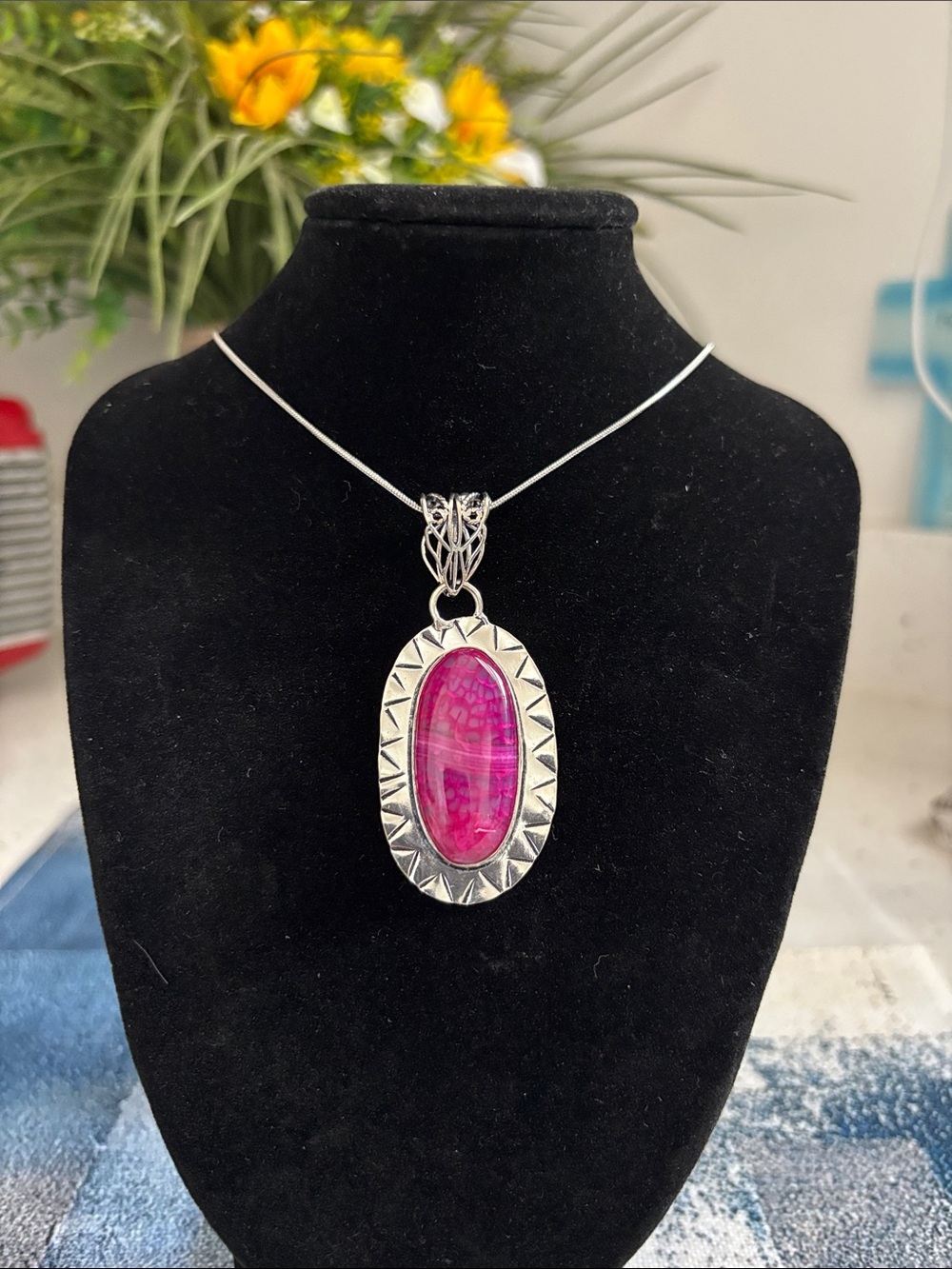 Sterling Silver Pink Solar Agate Gemstone Pendant Necklace